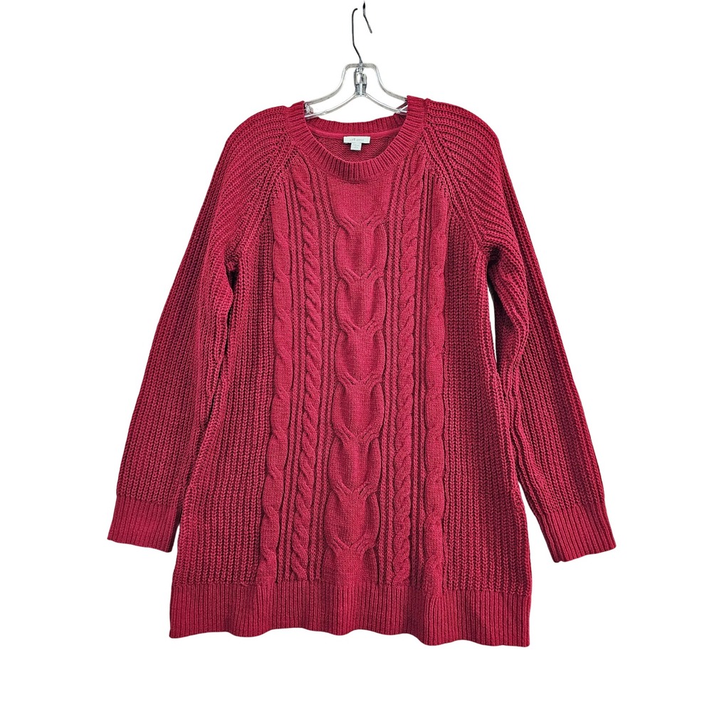 J.Jill Chenille Sweater Womens Large Petite Red Cable Knit Raglan Tunic Pullover